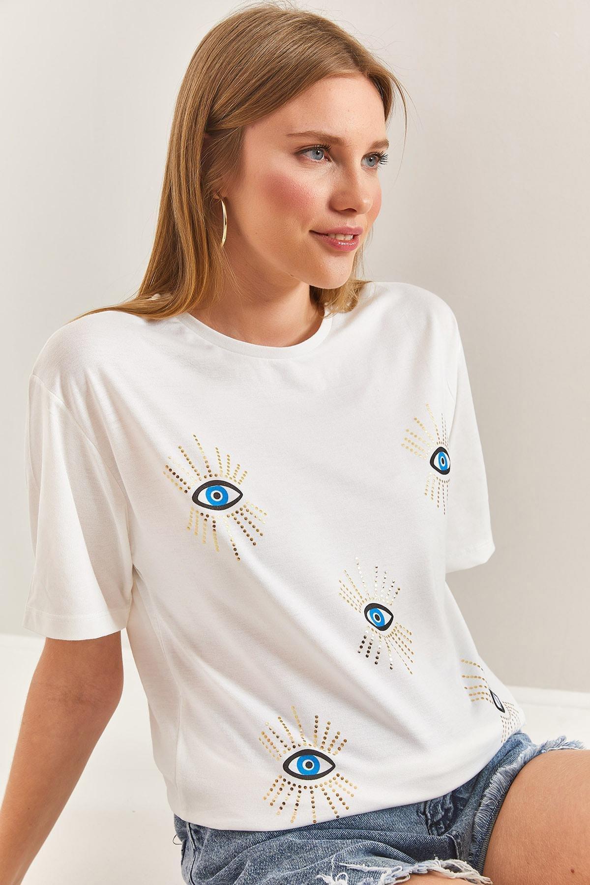 White Eye Pattern Combed Cotton Tshirt, , medium