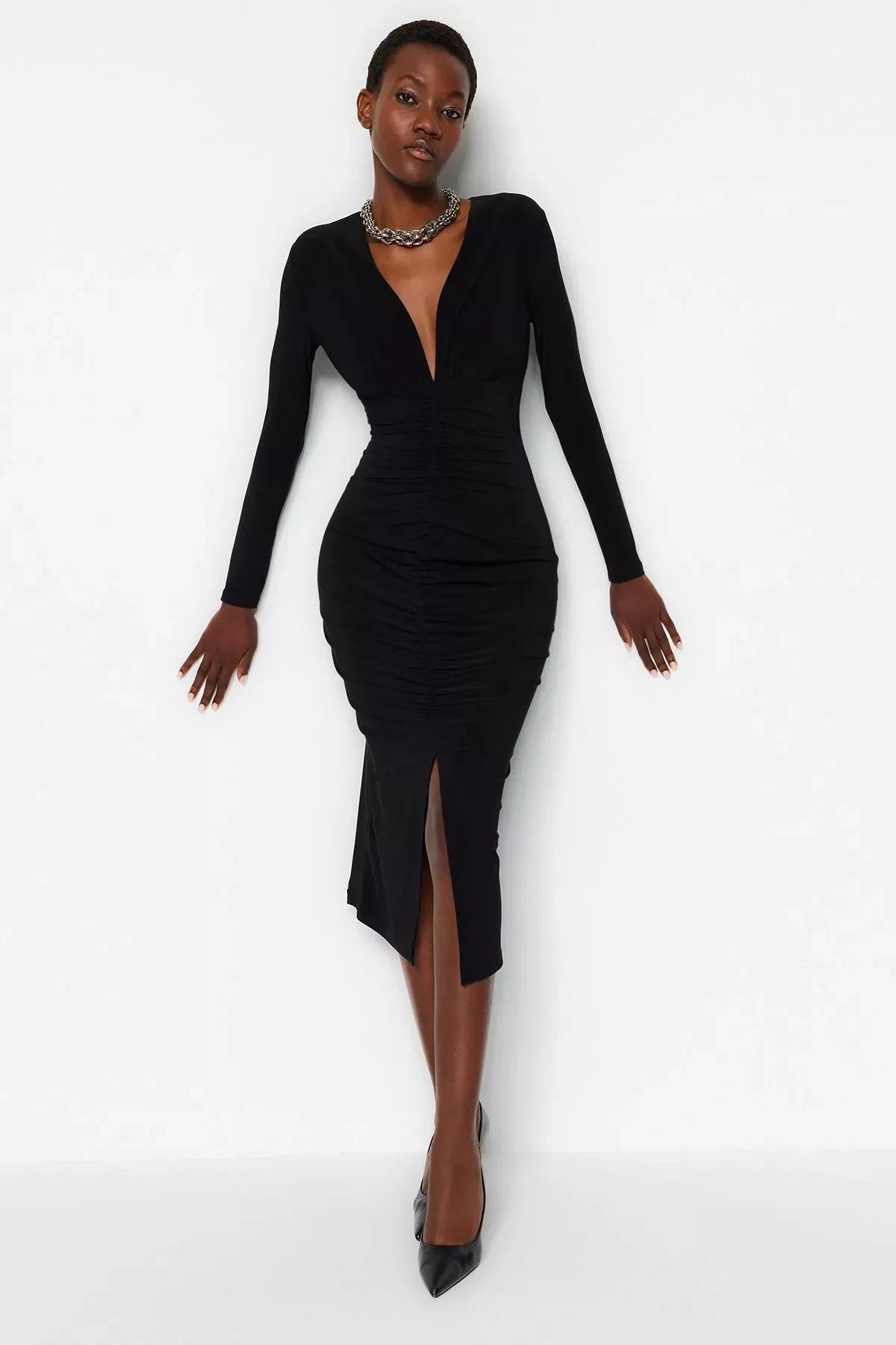 Black Draped V-Neck Midi Knit Dress, , large image number 0