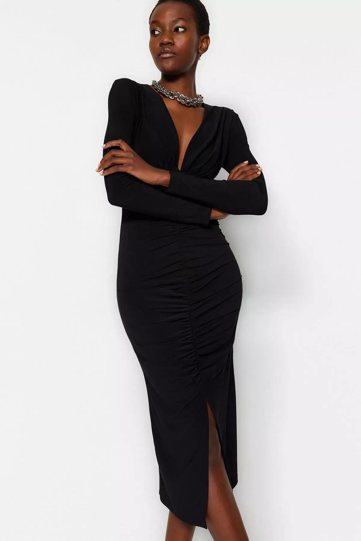 Black Draped V-Neck Midi Knit Dress, , large image number 2