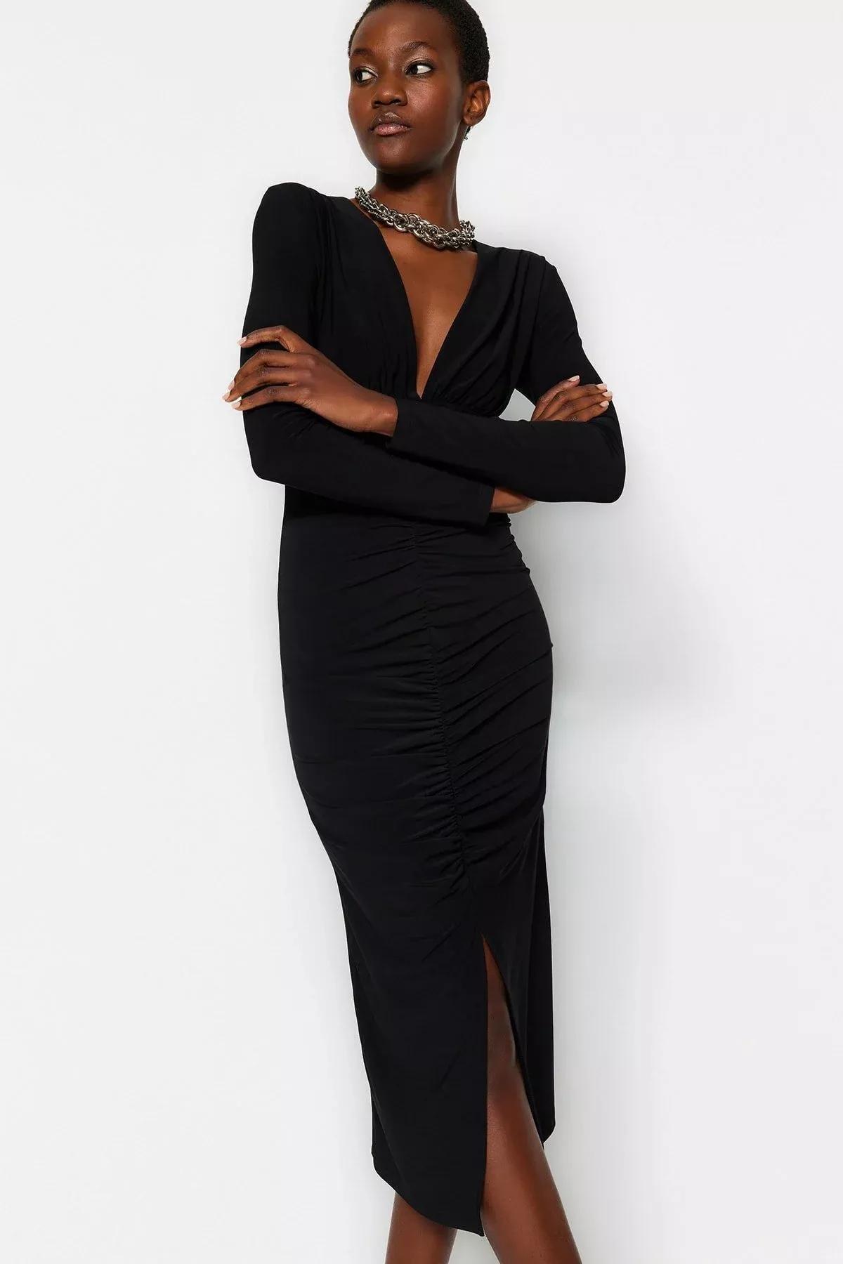 Black Draped V-Neck Midi Knit Dress, , large image number 3