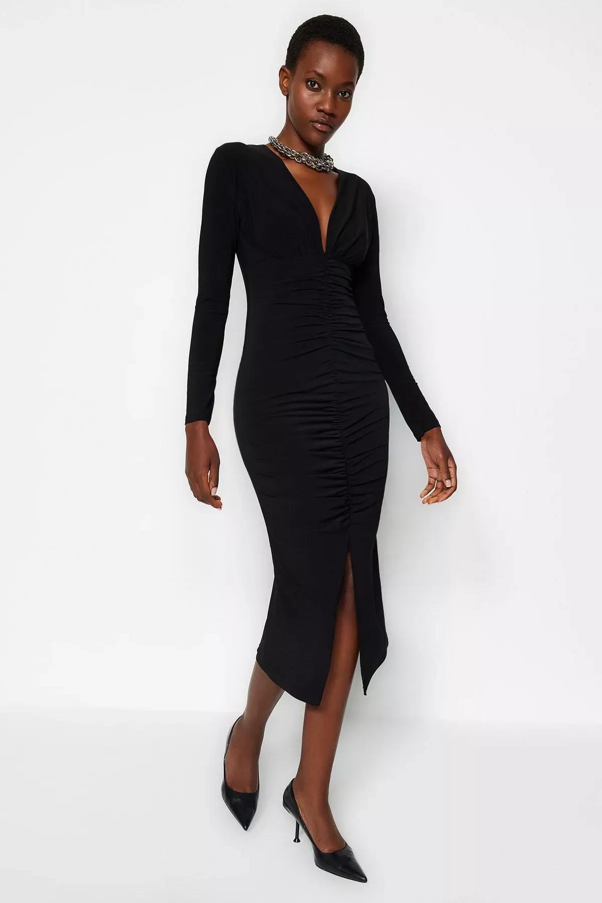 Black Draped V-Neck Midi Knit Dress, , large image number 4