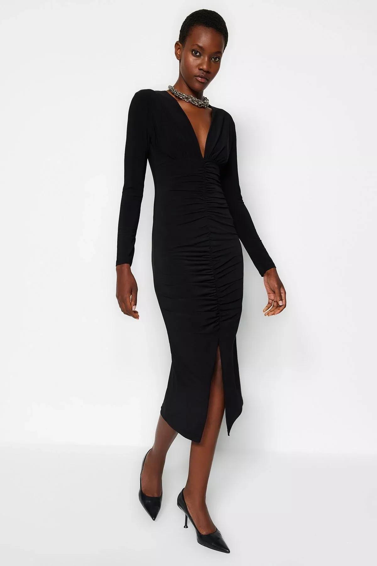 Black Draped V-Neck Midi Knit Dress, , large image number 5
