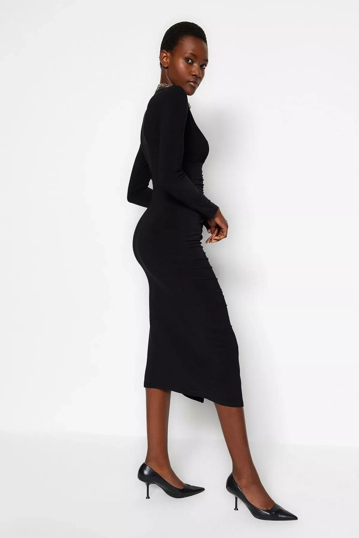 Black Draped V-Neck Midi Knit Dress, , large image number 6
