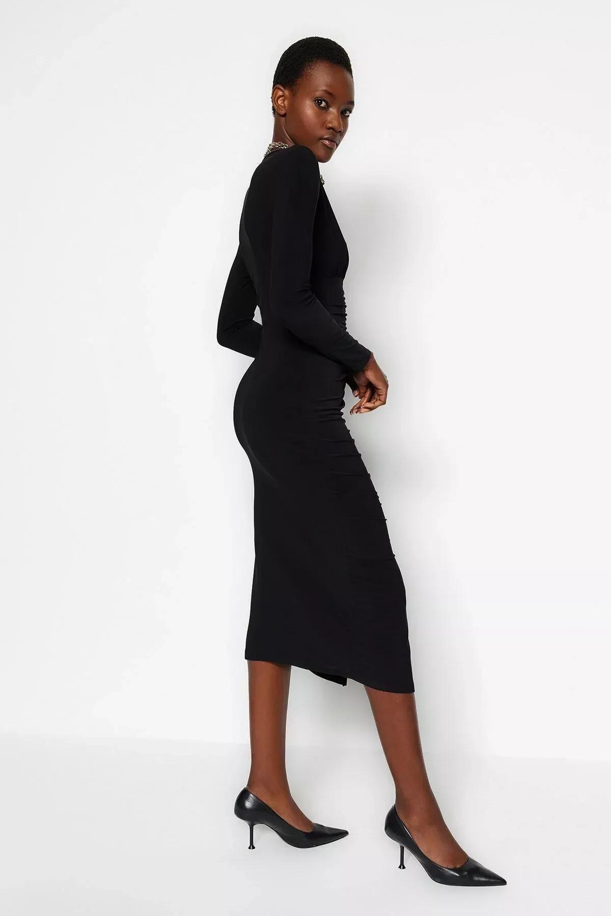 Black Draped V-Neck Midi Knit Dress, , large image number 7
