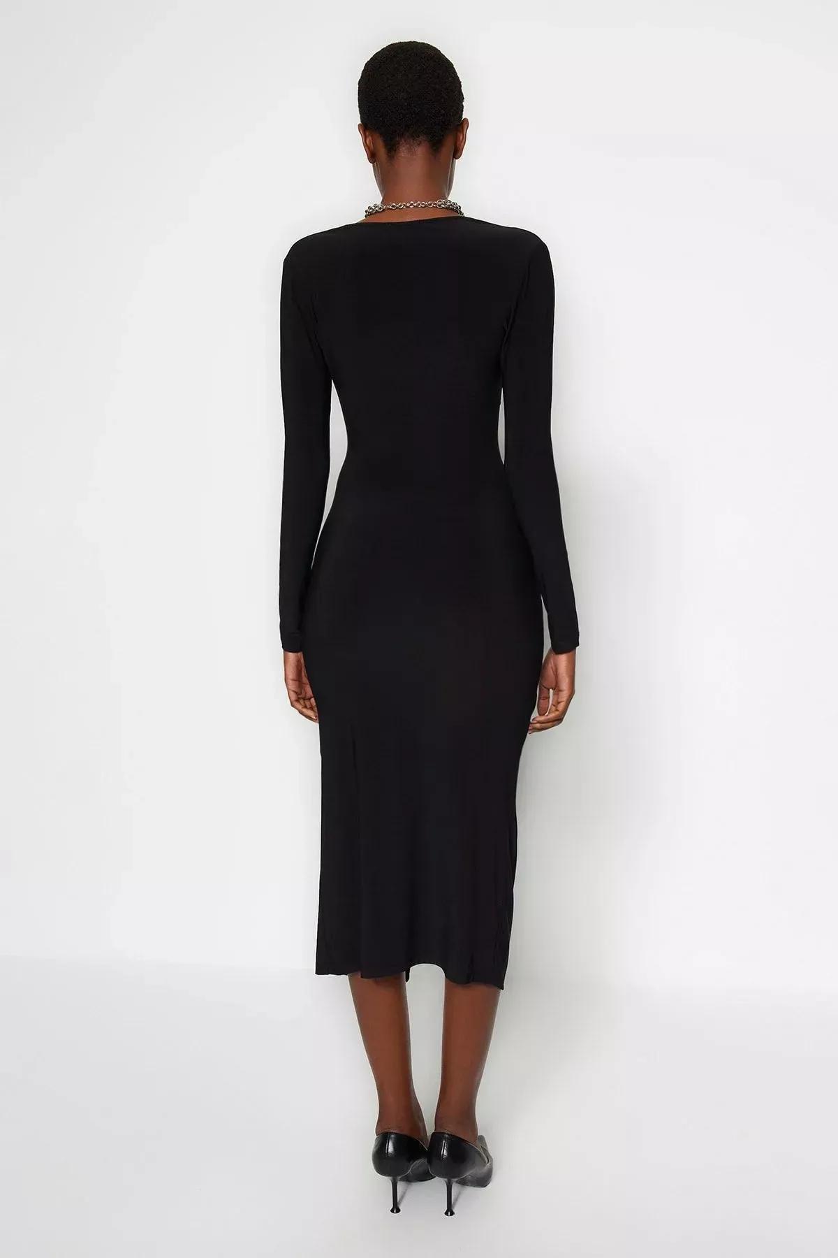 Black Draped V-Neck Midi Knit Dress, , large image number 10