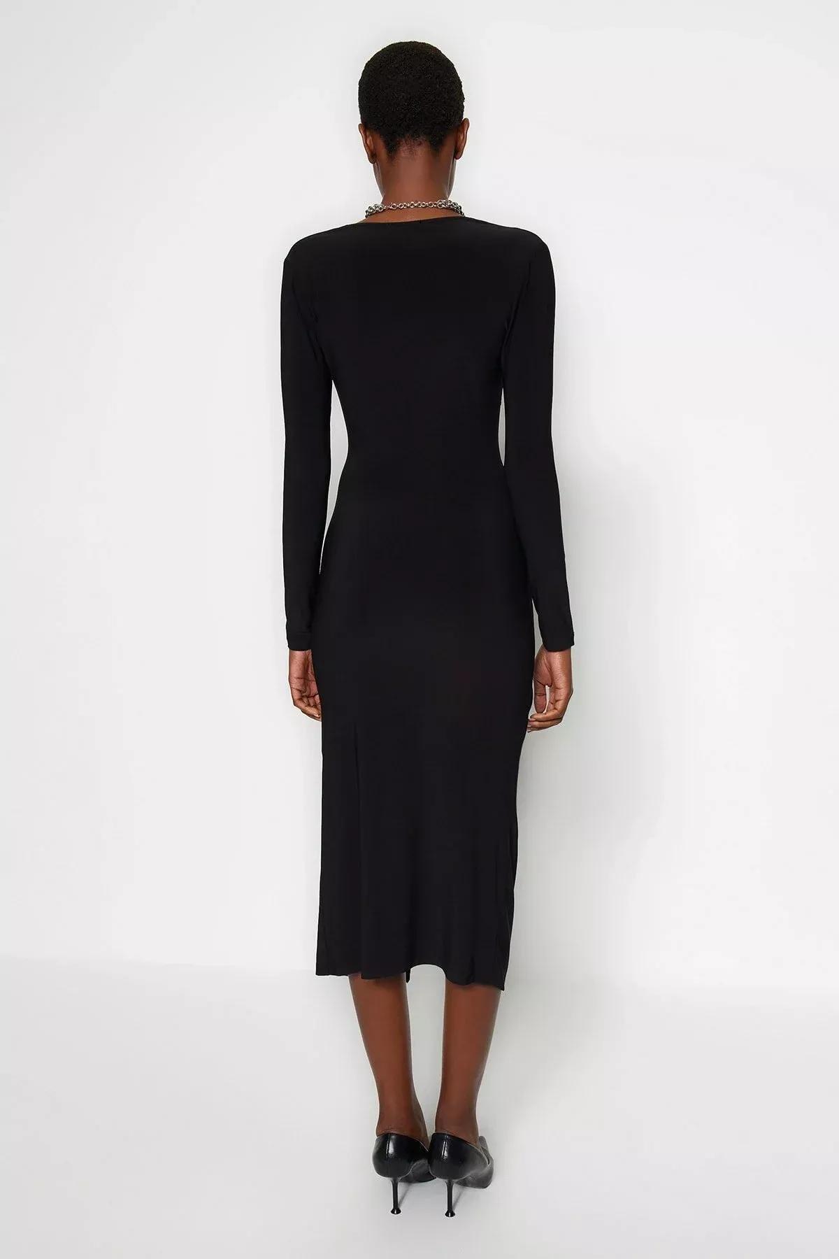Black Draped V-Neck Midi Knit Dress, , large image number 11