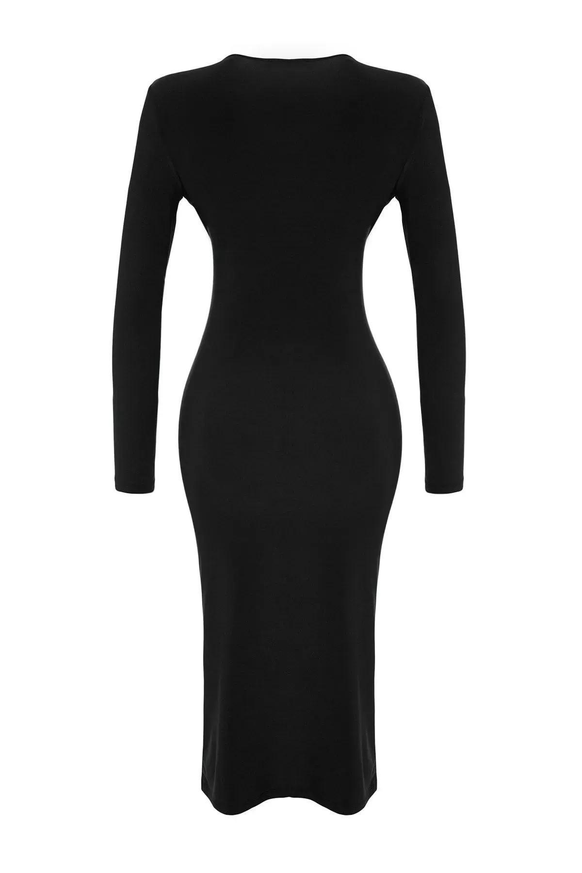 Black Draped V-Neck Midi Knit Dress, , large image number 12