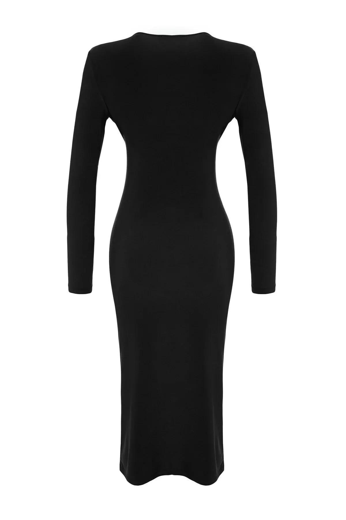 Black Draped V-Neck Midi Knit Dress, , large image number 13