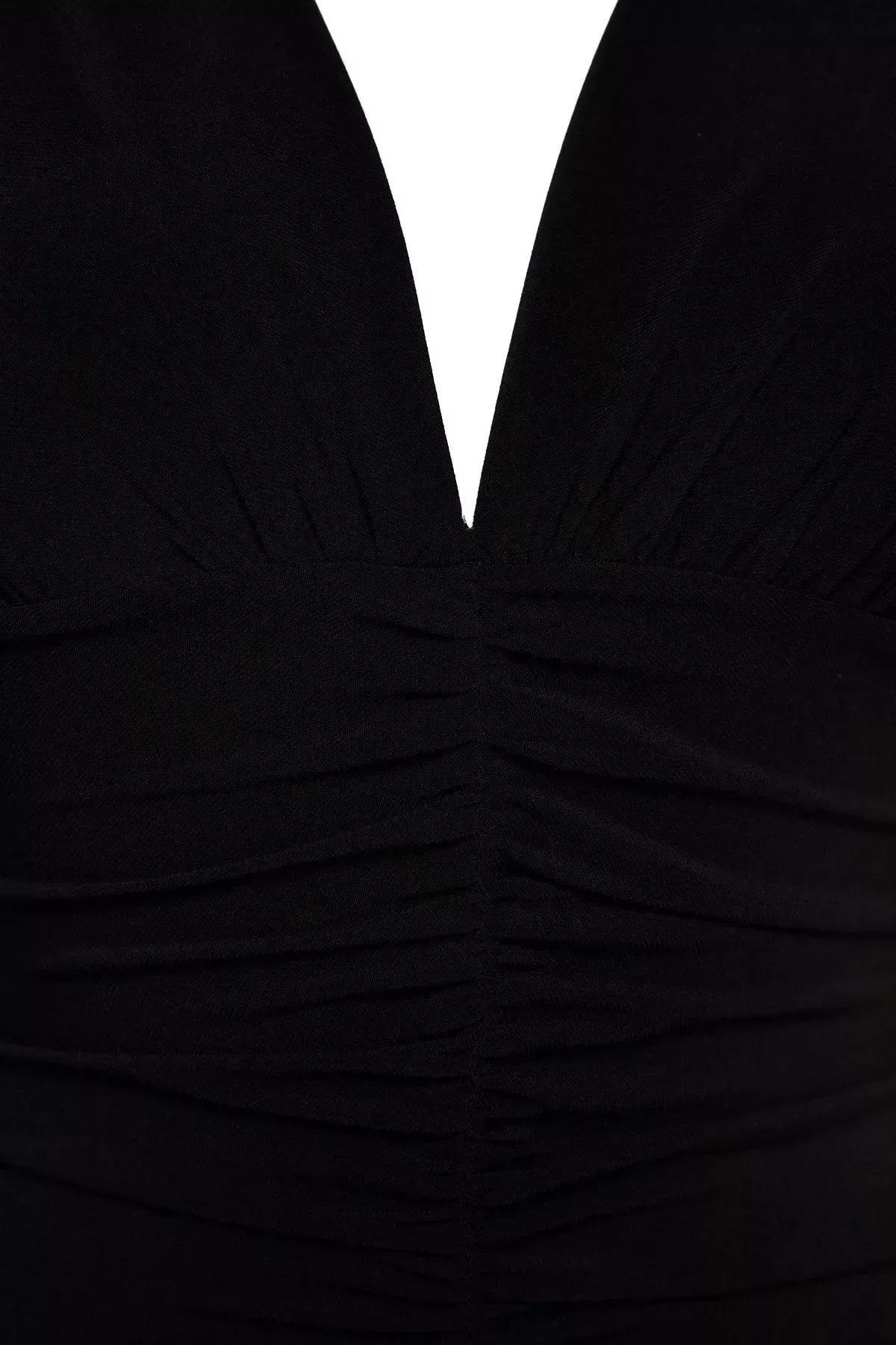 Black Draped V-Neck Midi Knit Dress, , large image number 14