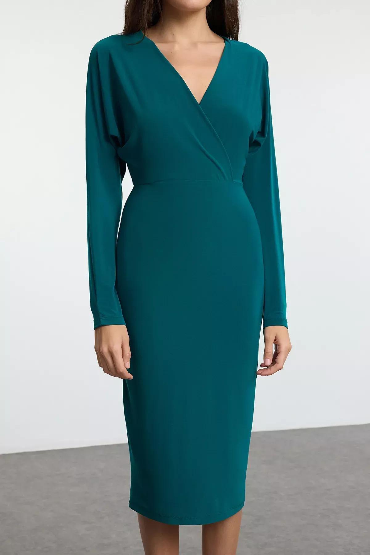 Green Fitted Midi Knit Dress, Emerald, large image number 0