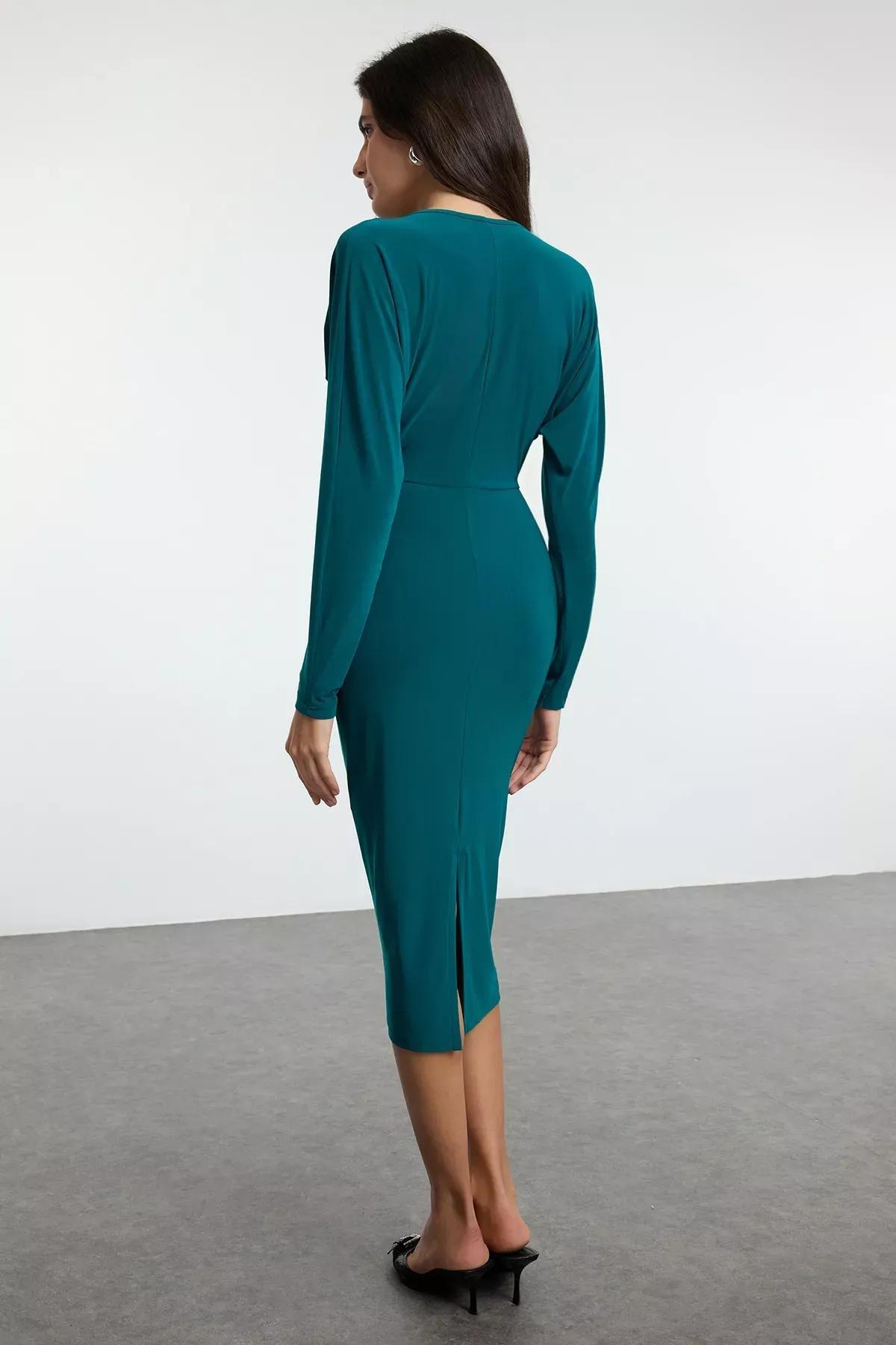 Green Fitted Midi Knit Dress, Emerald, large image number 2