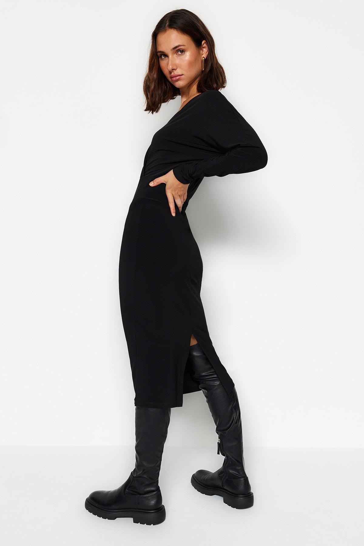 Black Bat Sleeve Midi Knit Dress, , large image number 1