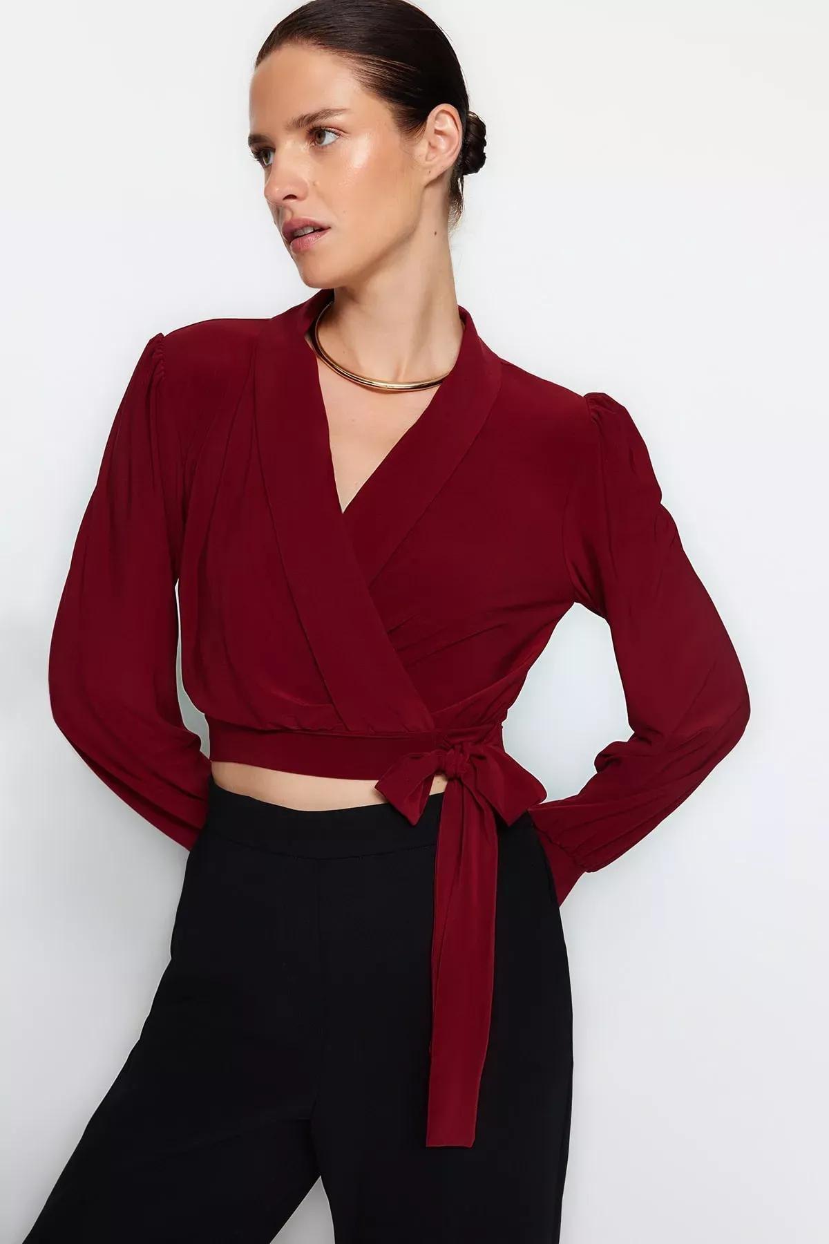 Burgundy Closed Tie Crop Top Blouse, Burgundy, large image number 0