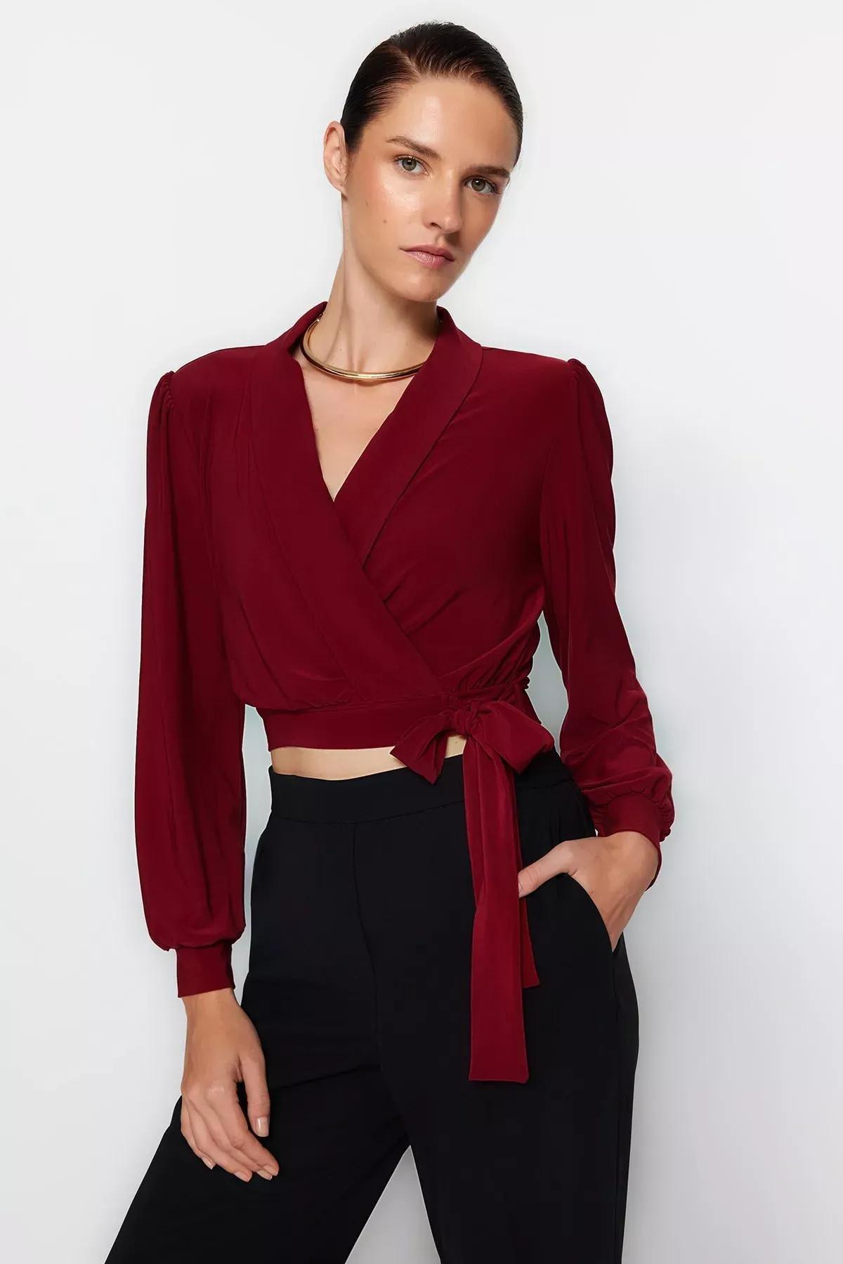 Burgundy Closed Tie Crop Top Blouse, Burgundy, large image number 1