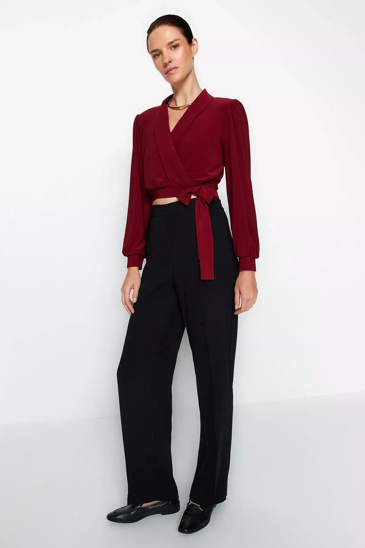 Burgundy Closed Tie Crop Top Blouse, Burgundy, large image number 2