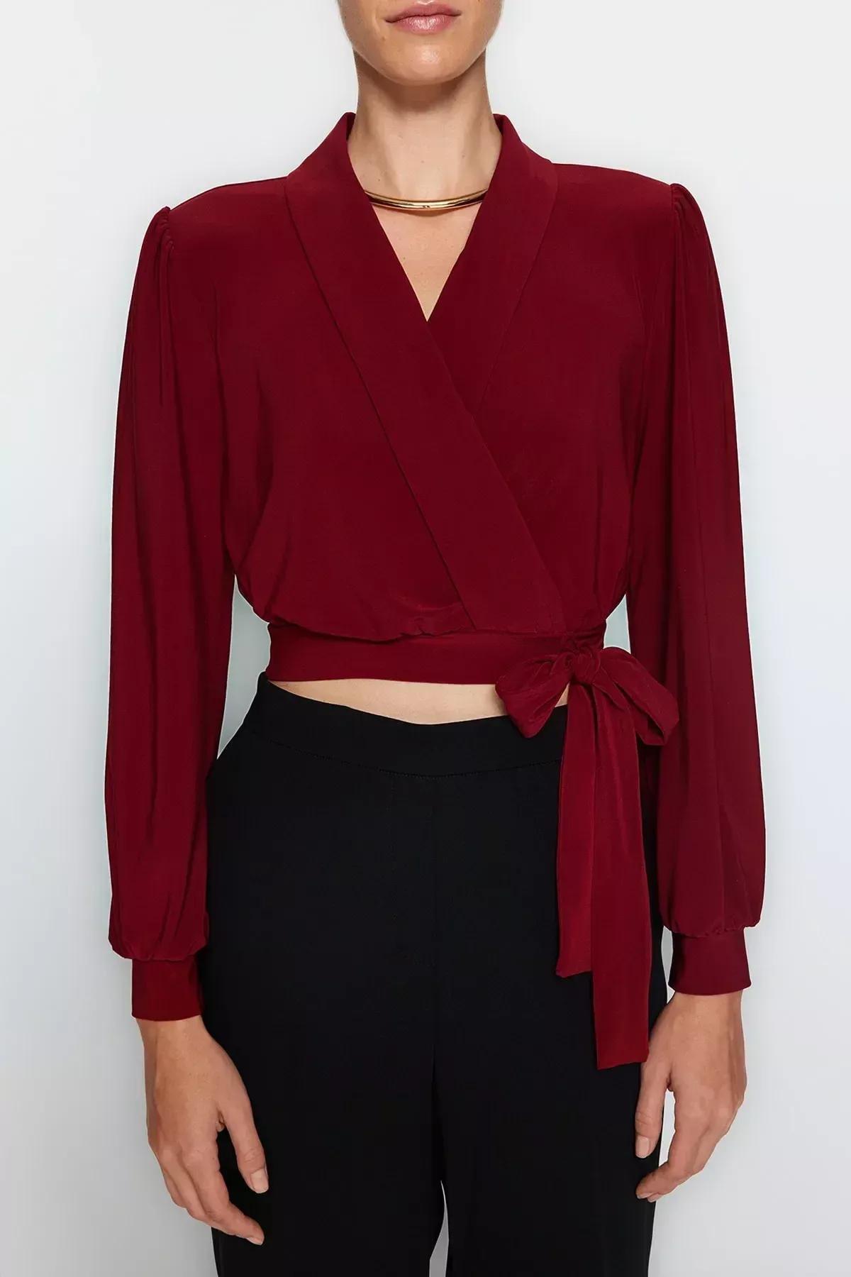 Burgundy Closed Tie Crop Top Blouse, Burgundy, large image number 3