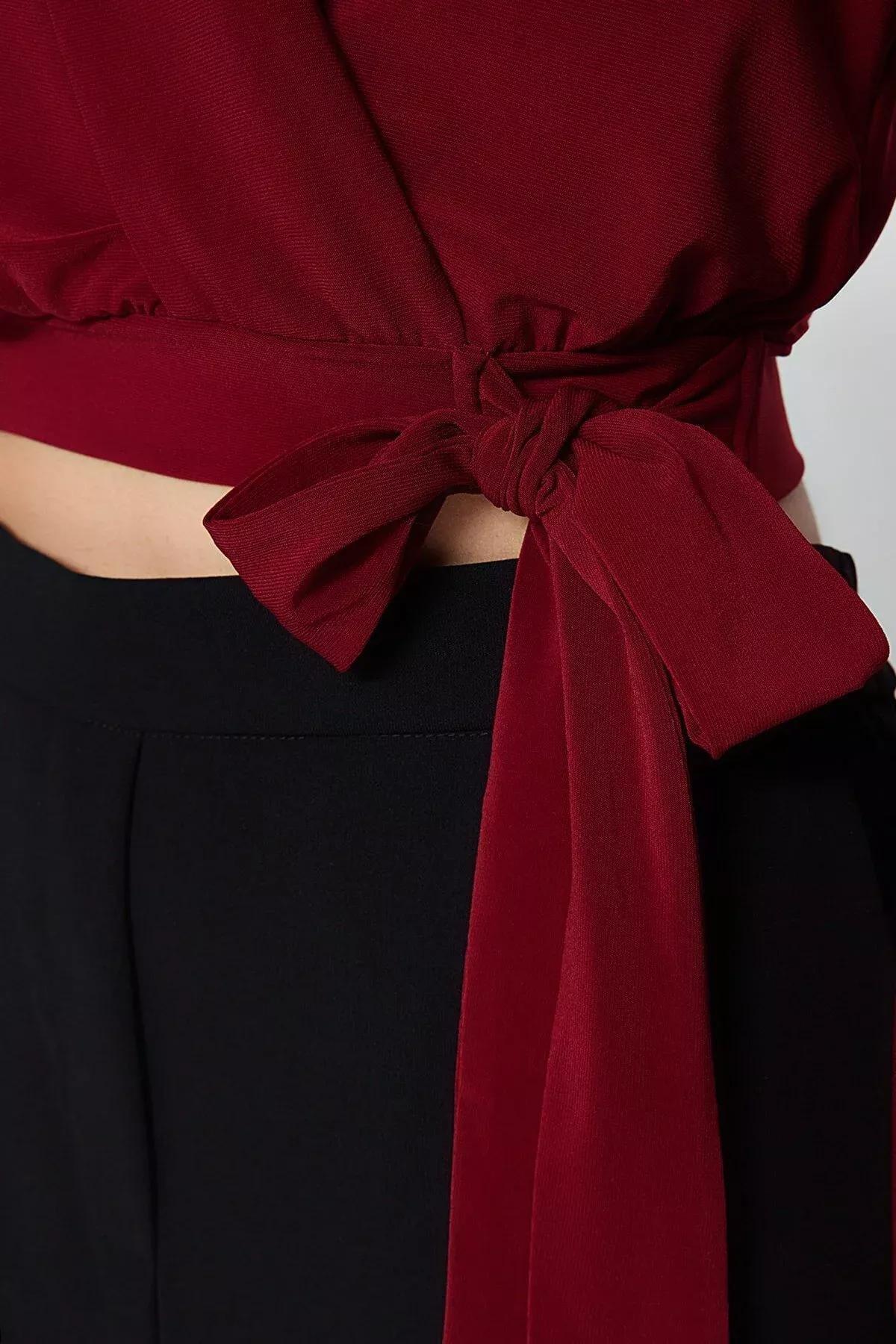 Burgundy Closed Tie Crop Top Blouse, Burgundy, large image number 4