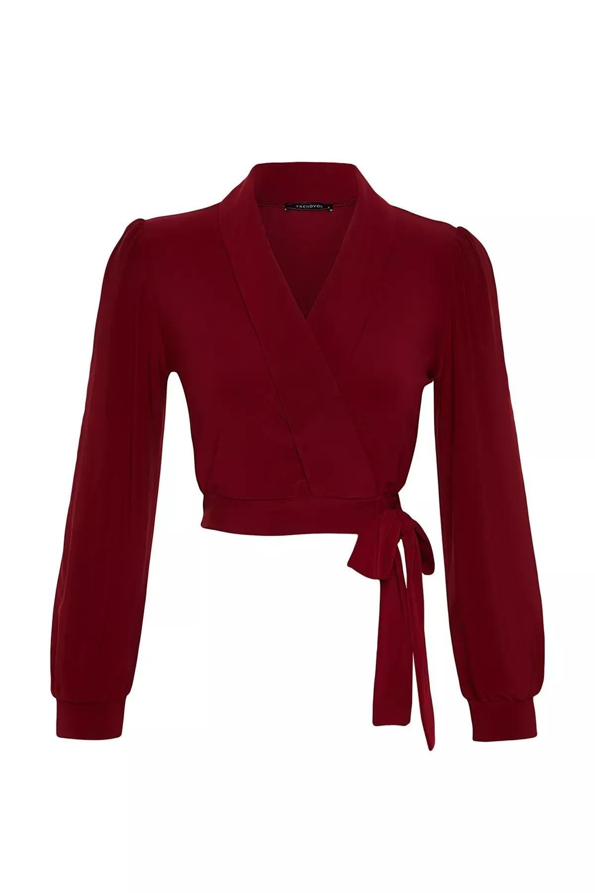 Burgundy Closed Tie Crop Top Blouse, Burgundy, large image number 5