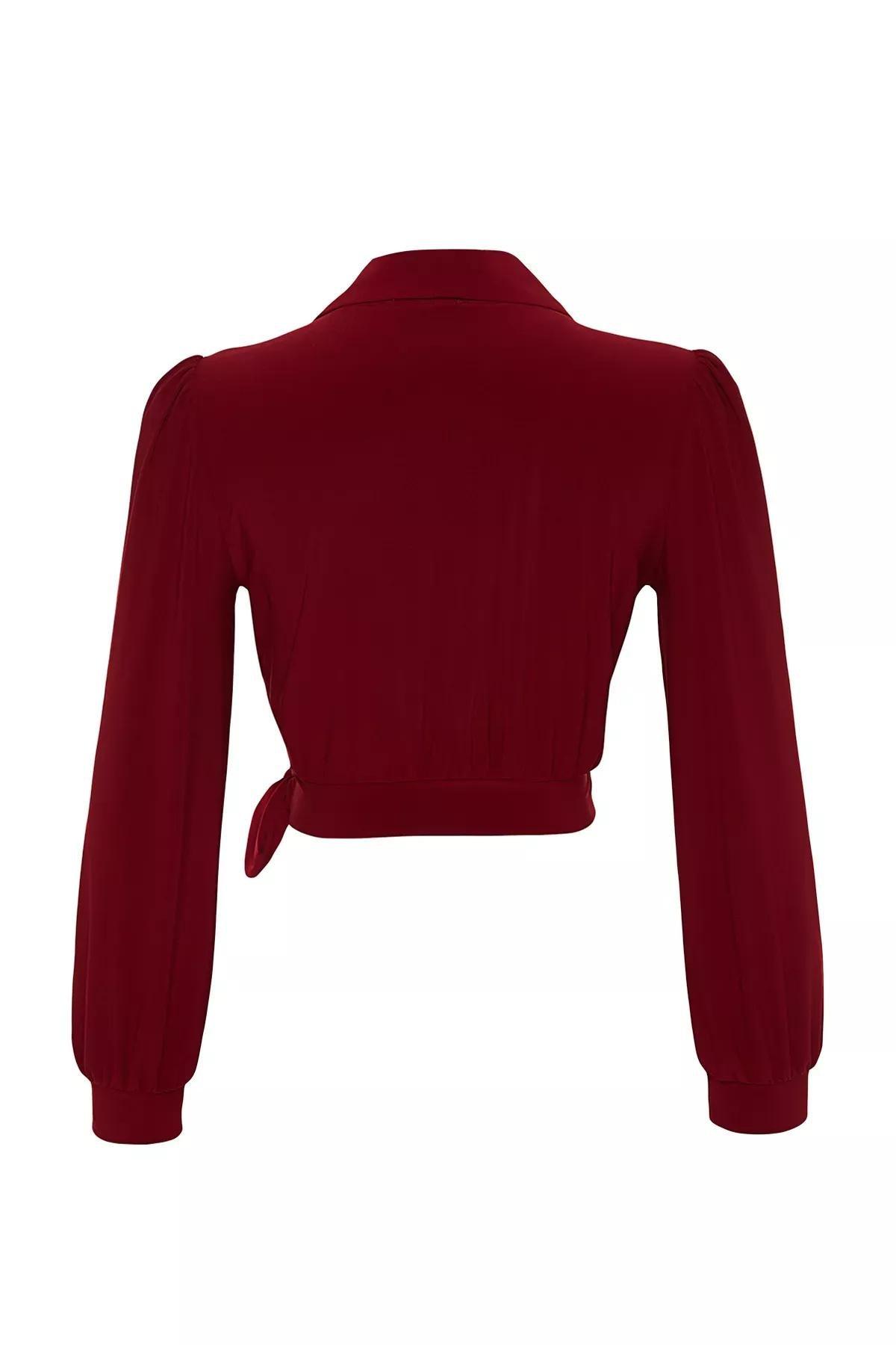 Burgundy Closed Tie Crop Top Blouse, Burgundy, large image number 7