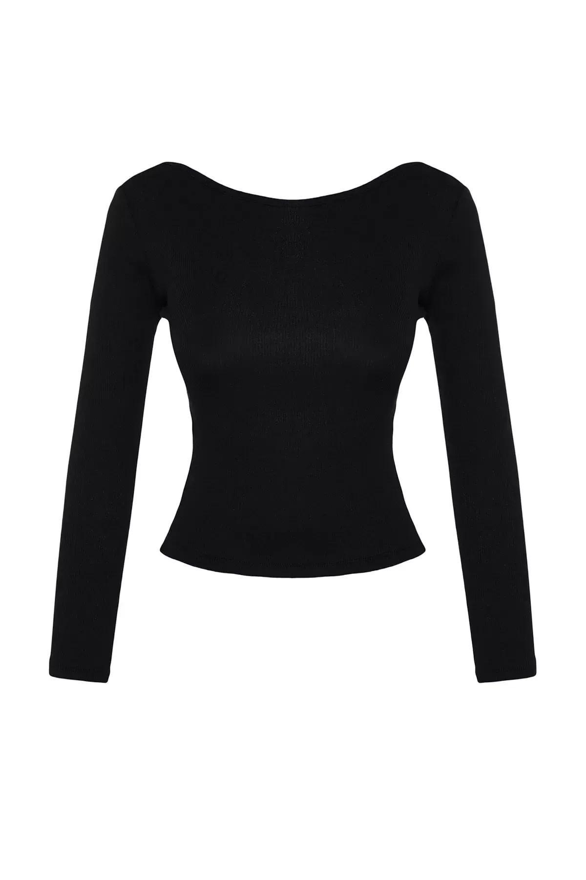 Black Low-Cut Back Fitted Knitted Blouse, BLACK, large image number 5