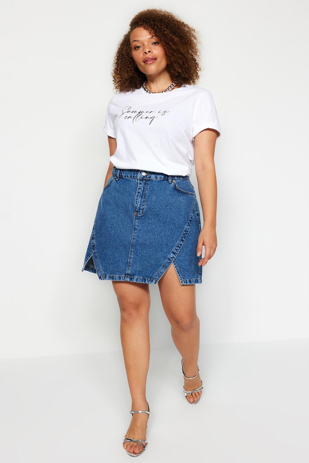 Blue Double Slit Detailed Denim Skirt, , large image number 0
