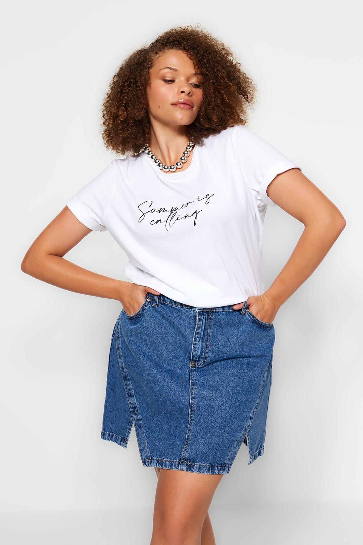 Blue Double Slit Detailed Denim Skirt, , large image number 1