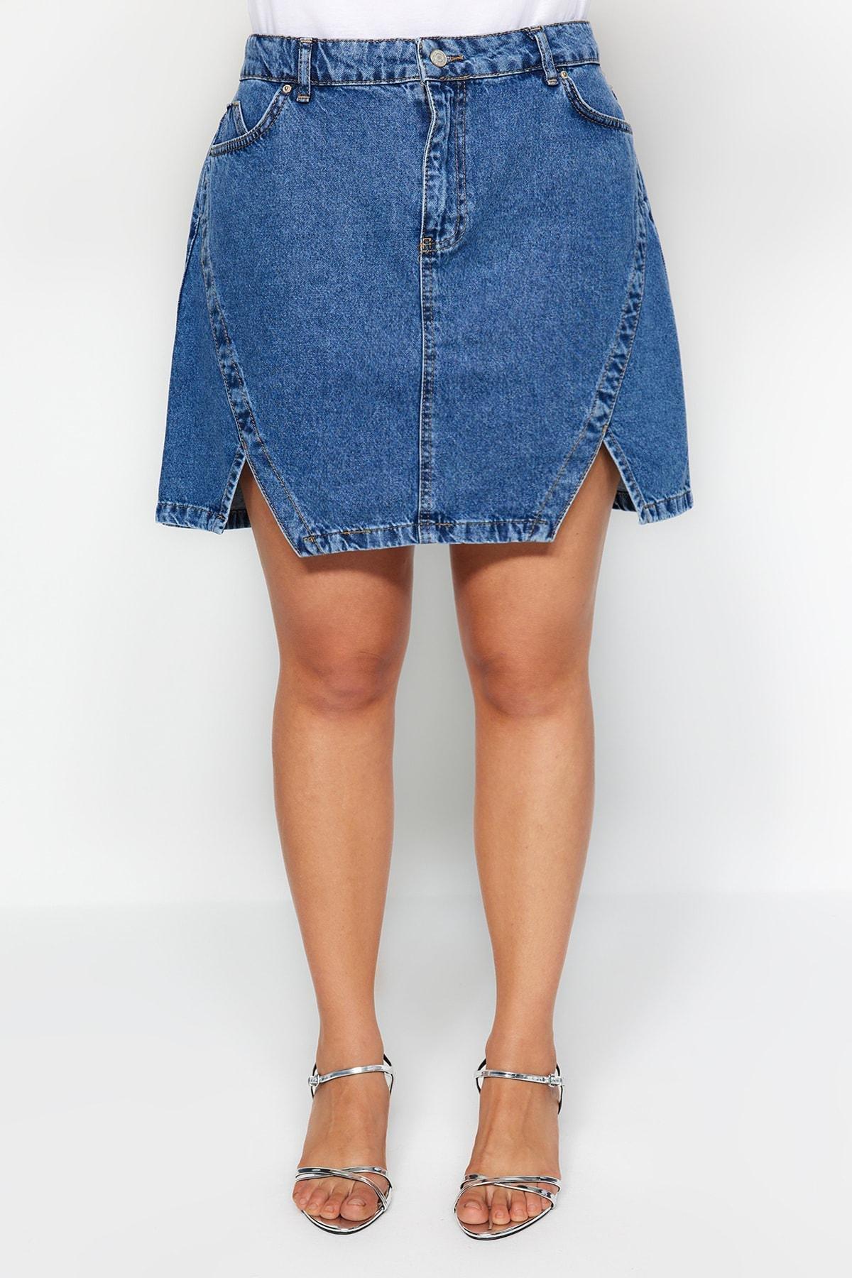 Blue Double Slit Detailed Denim Skirt, , large image number 3