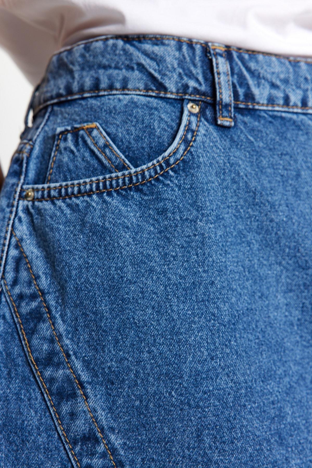 Blue Double Slit Detailed Denim Skirt, , large image number 4