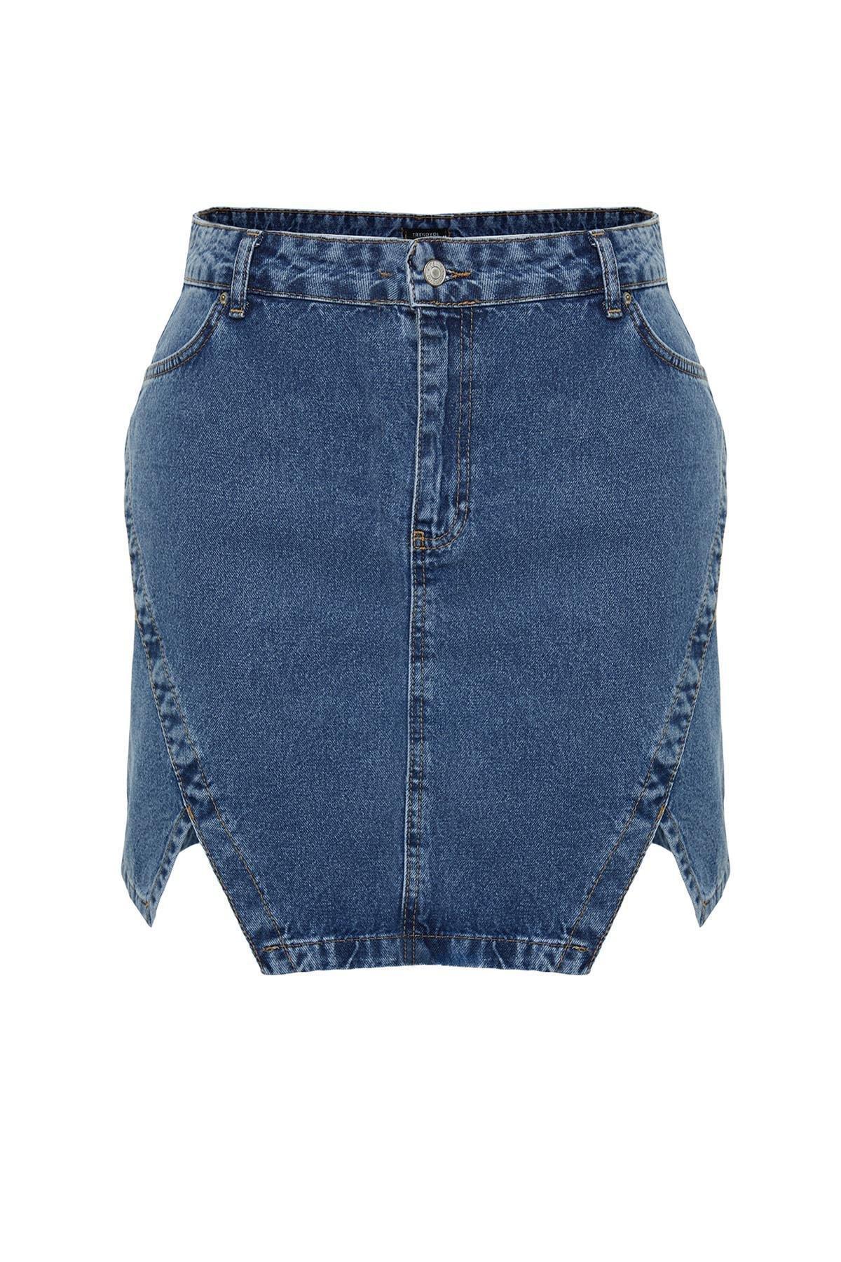Blue Double Slit Detailed Denim Skirt, , large image number 5