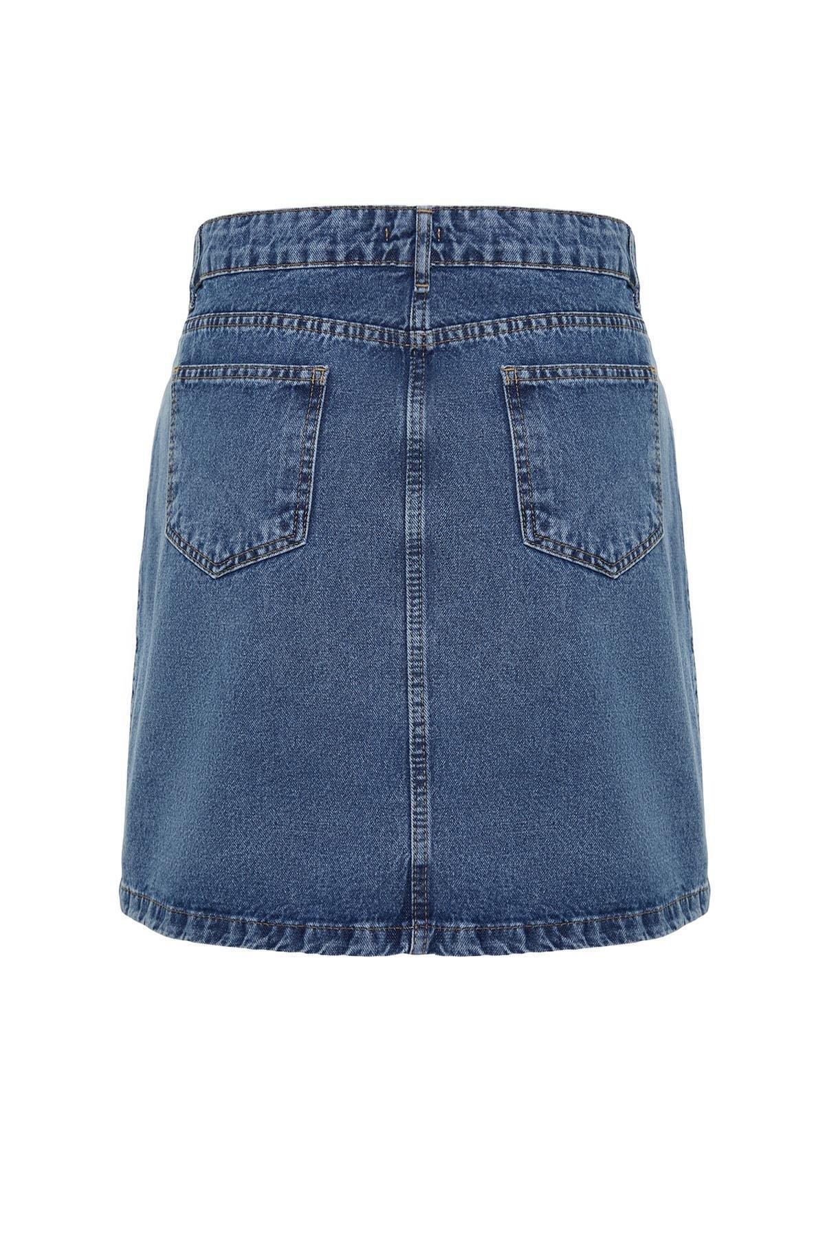 Blue Double Slit Detailed Denim Skirt, , large image number 7