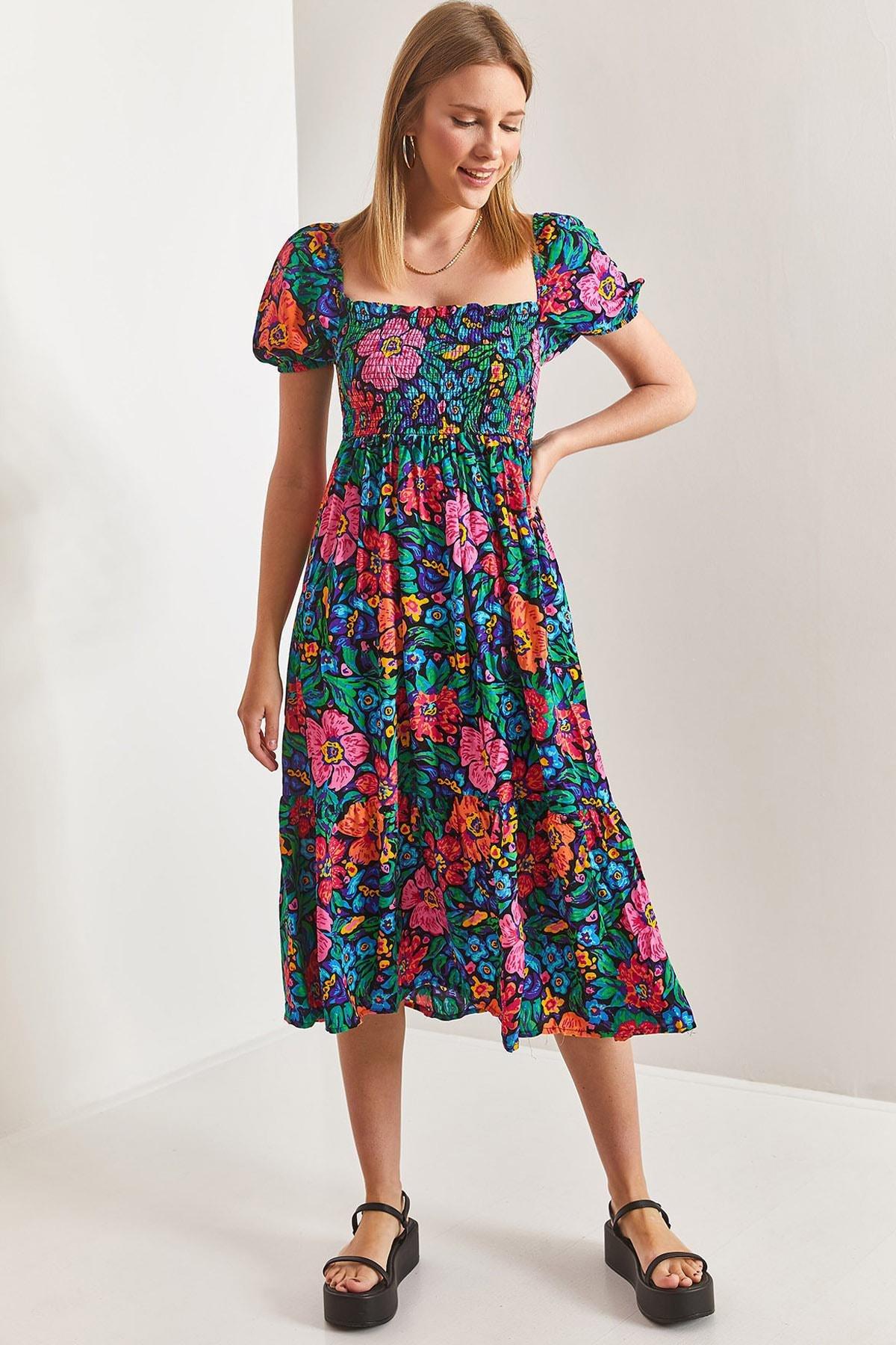 Floral Milkmaid Bohemian Midi Dress, Green-Fuchsia, large image number 0