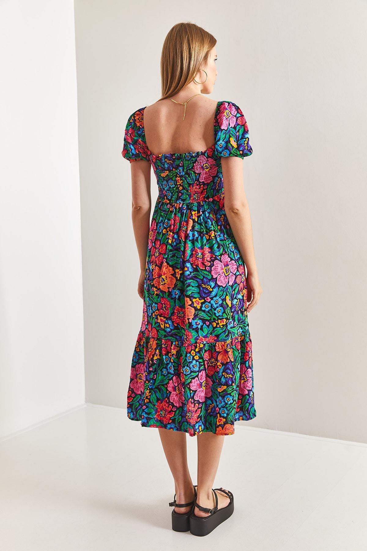 Floral Milkmaid Bohemian Midi Dress, Green-Fuchsia, large image number 1