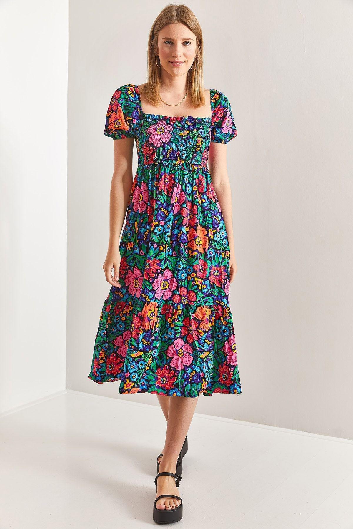 Floral Milkmaid Bohemian Midi Dress, Green-Fuchsia, large image number 2