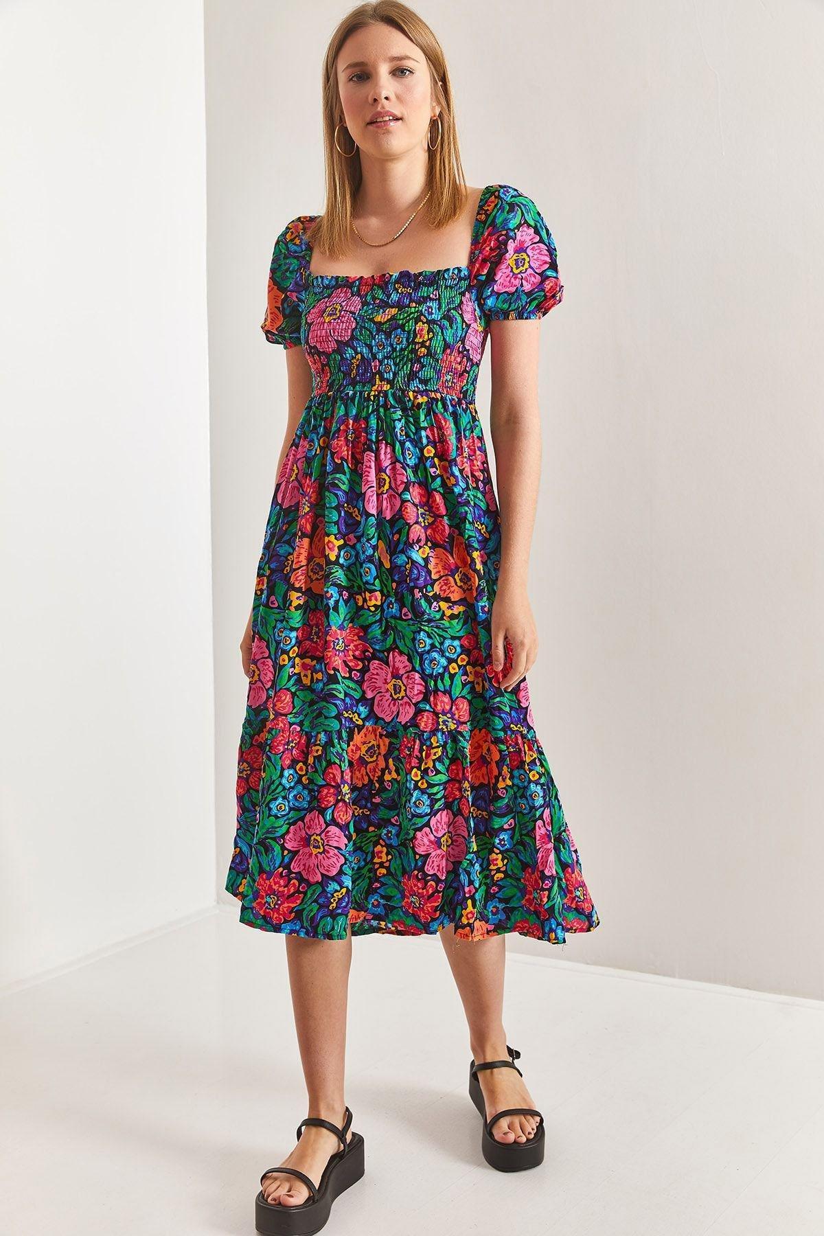 Floral Milkmaid Bohemian Midi Dress, Green-Fuchsia, large image number 3