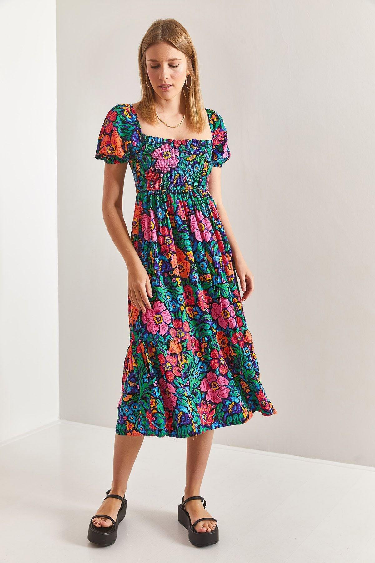 Floral Milkmaid Bohemian Midi Dress, Green-Fuchsia, large image number 4