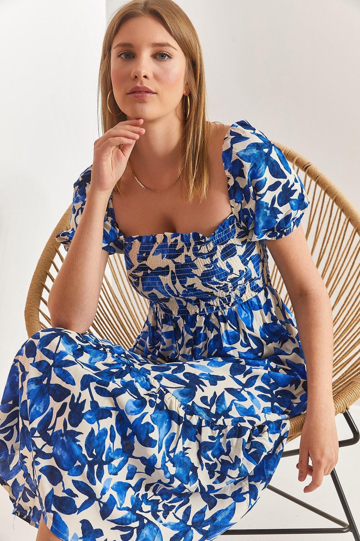 Blue Square Neck Patterned Flared Dress, Blue, large image number 0