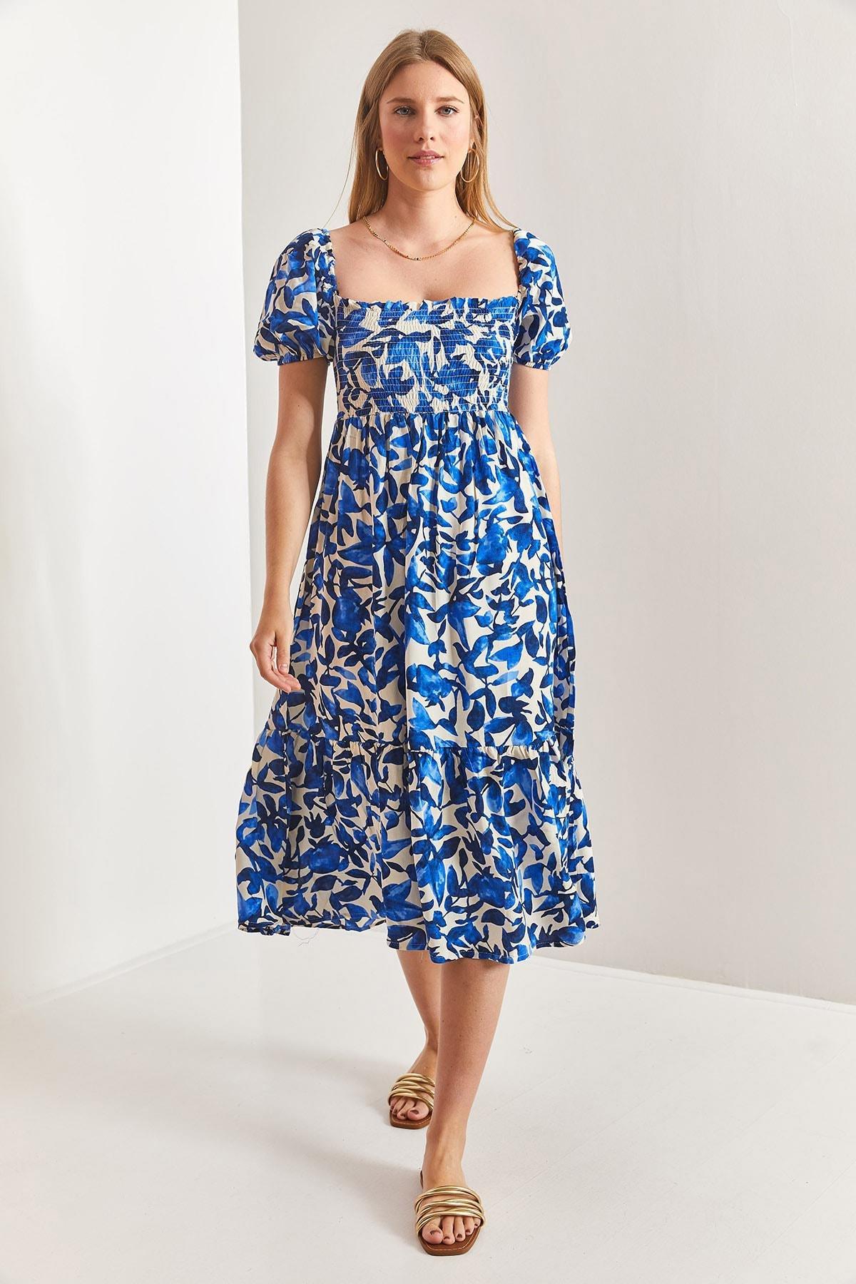 Blue Square Neck Patterned Flared Dress, Blue, large image number 1