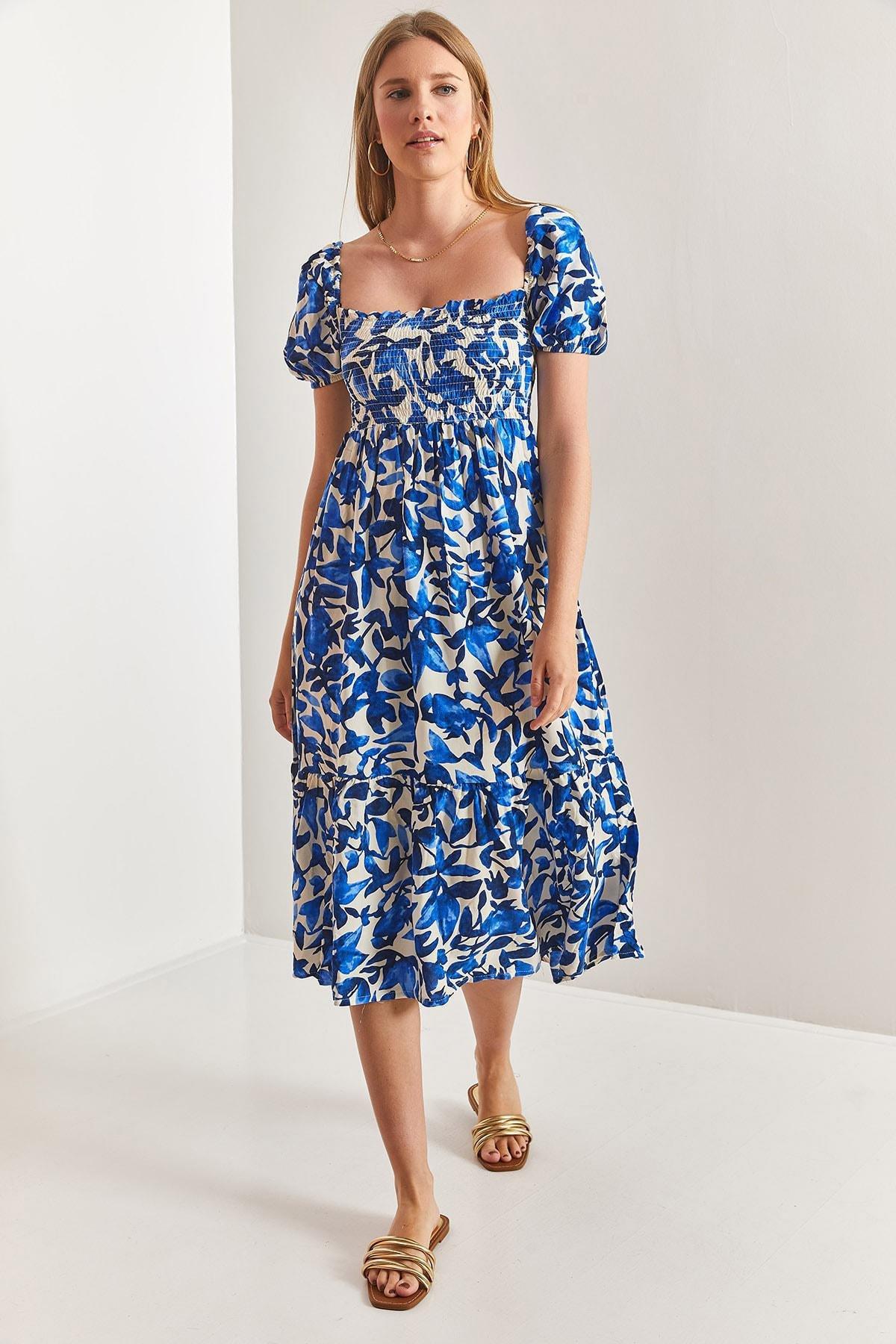 Blue Square Neck Patterned Flared Dress, Blue, large image number 2