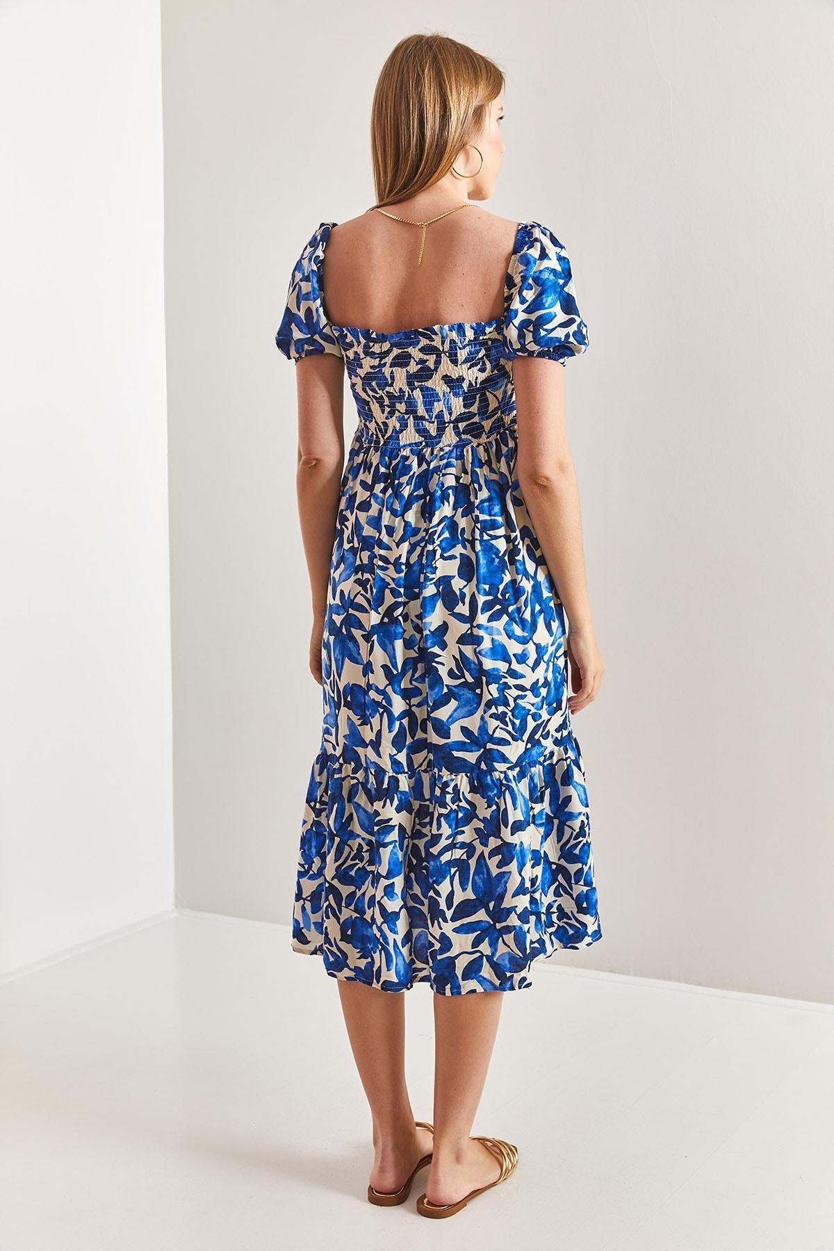 Blue Square Neck Patterned Flared Dress, Blue, large image number 3