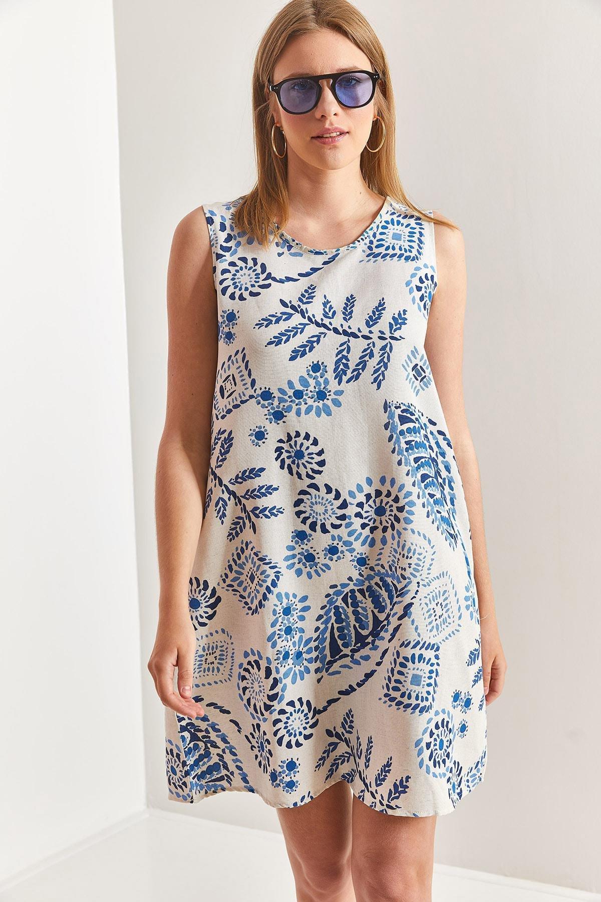 Womens Multi Floral Patterned Linen Dress, single, , medium