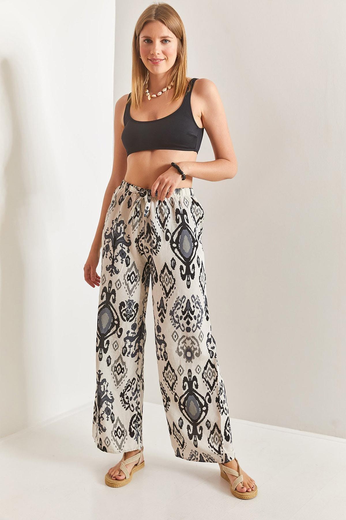 Black Elastic Waist Linen Trousers, , large image number 0