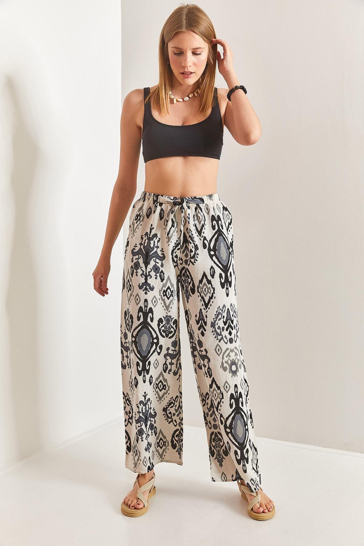 Black Elastic Waist Linen Trousers, , large image number 1