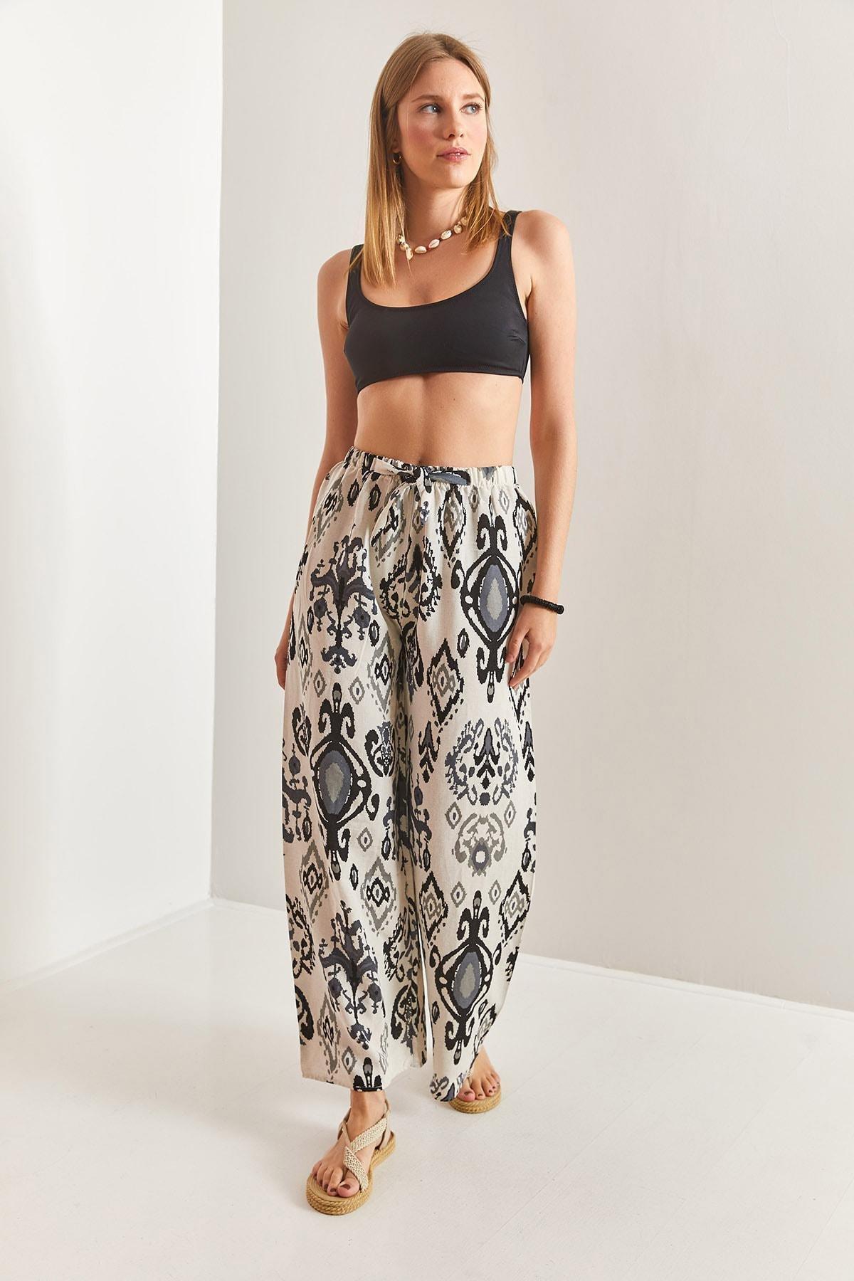 Black Elastic Waist Linen Trousers, , large image number 2