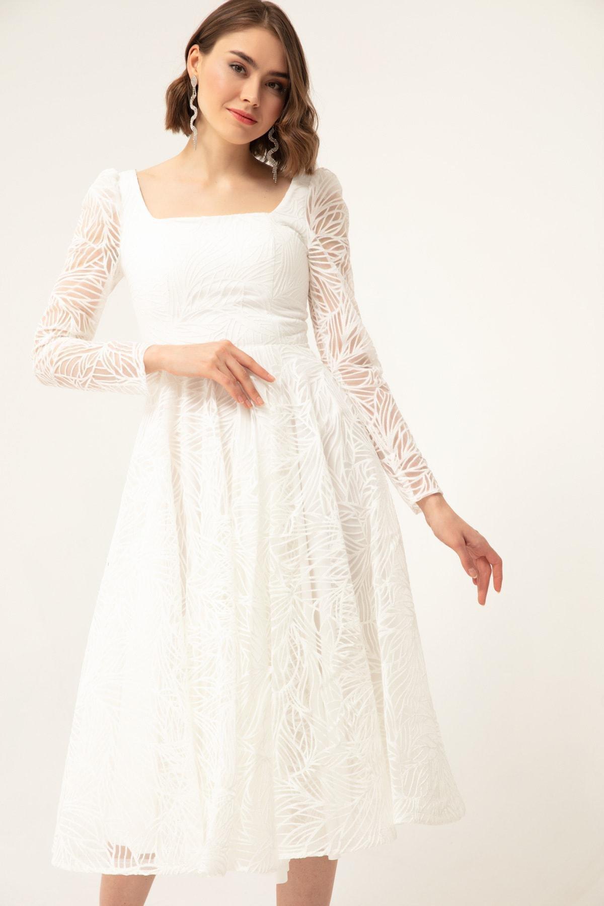 Lafaba - White Square Neck Occasionwear Dress