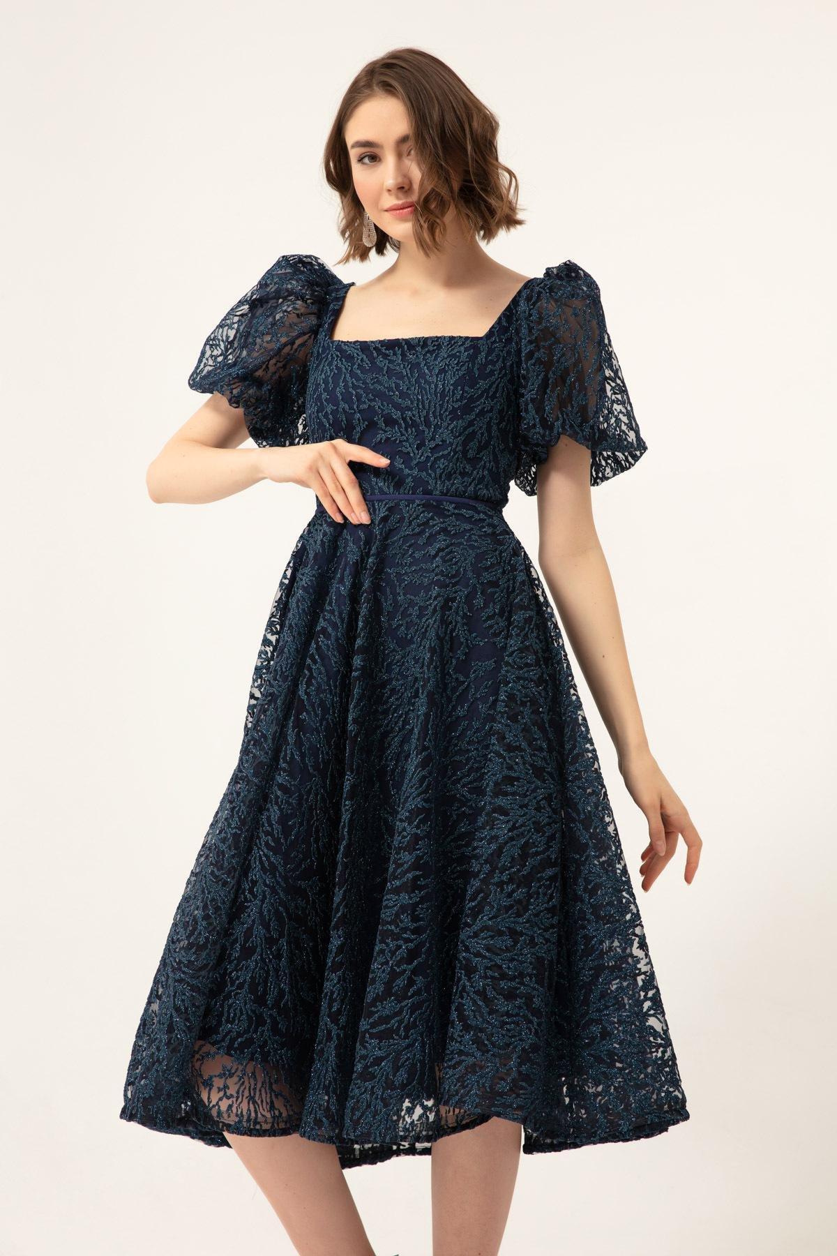 Lafaba - Blue Glittery Midi Occasion Wear Dress