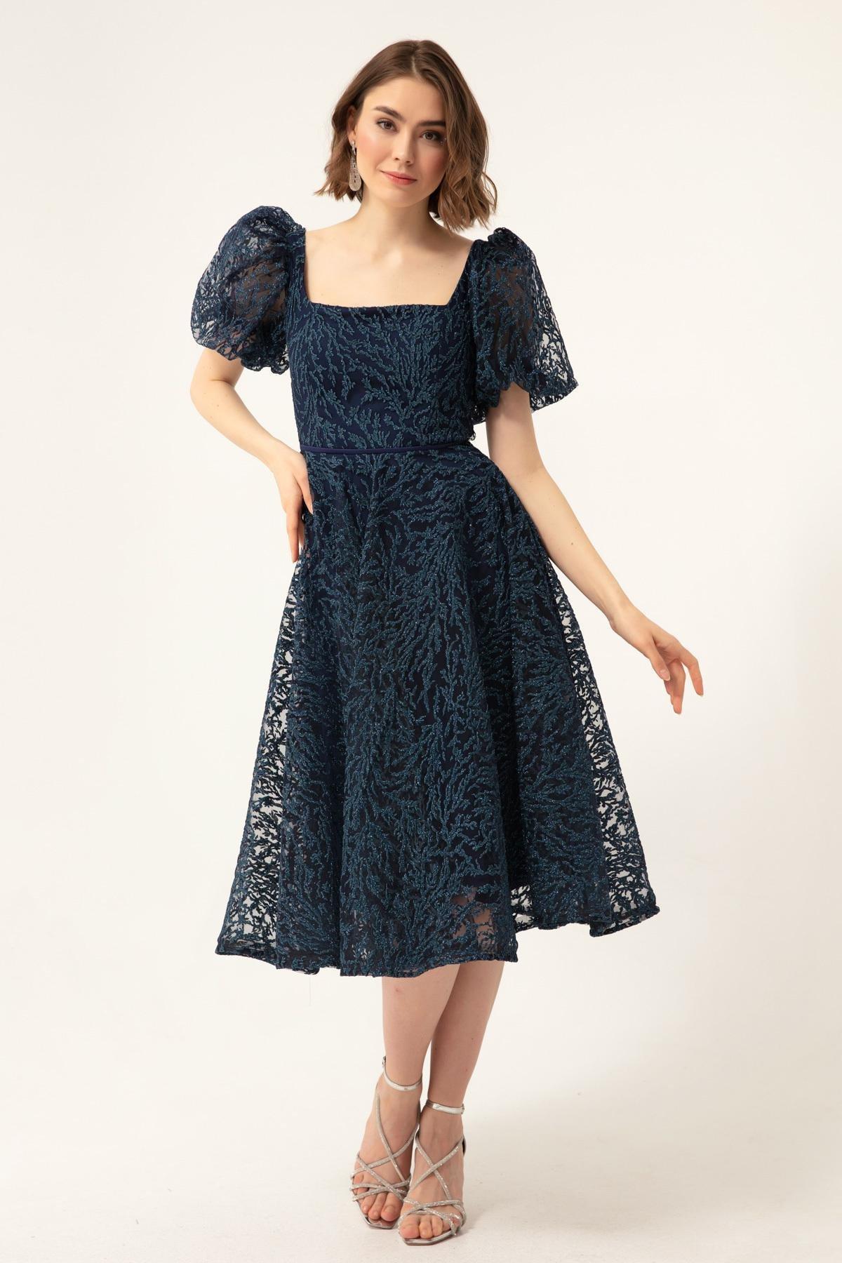 Lafaba - Blue Glittery Midi Occasion Wear Dress