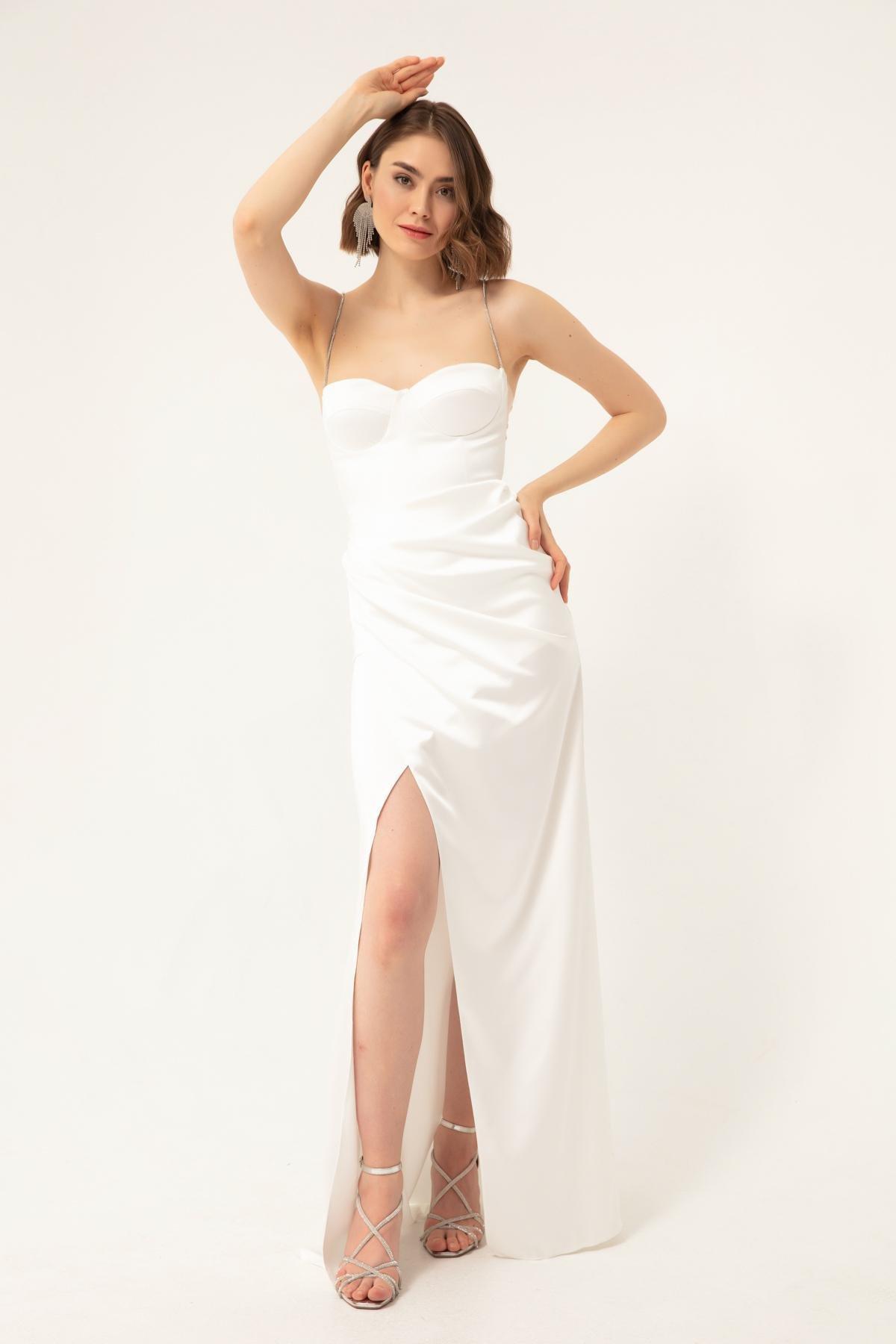 Lafaba - White Long Slit Satin Occasion Wear Dress