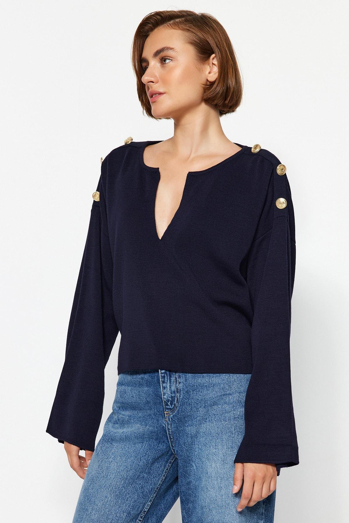 Trendyol - Navy Buttons Knitwear Sweater