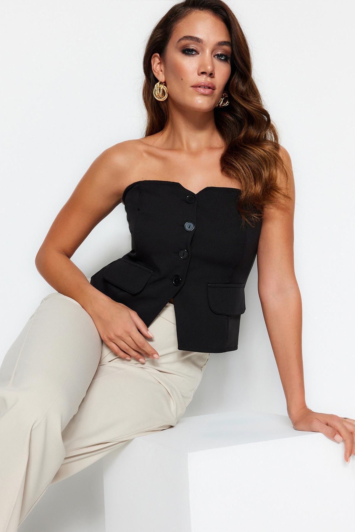 Black Slim Fit Strapless Woven Vest, , large image number 2