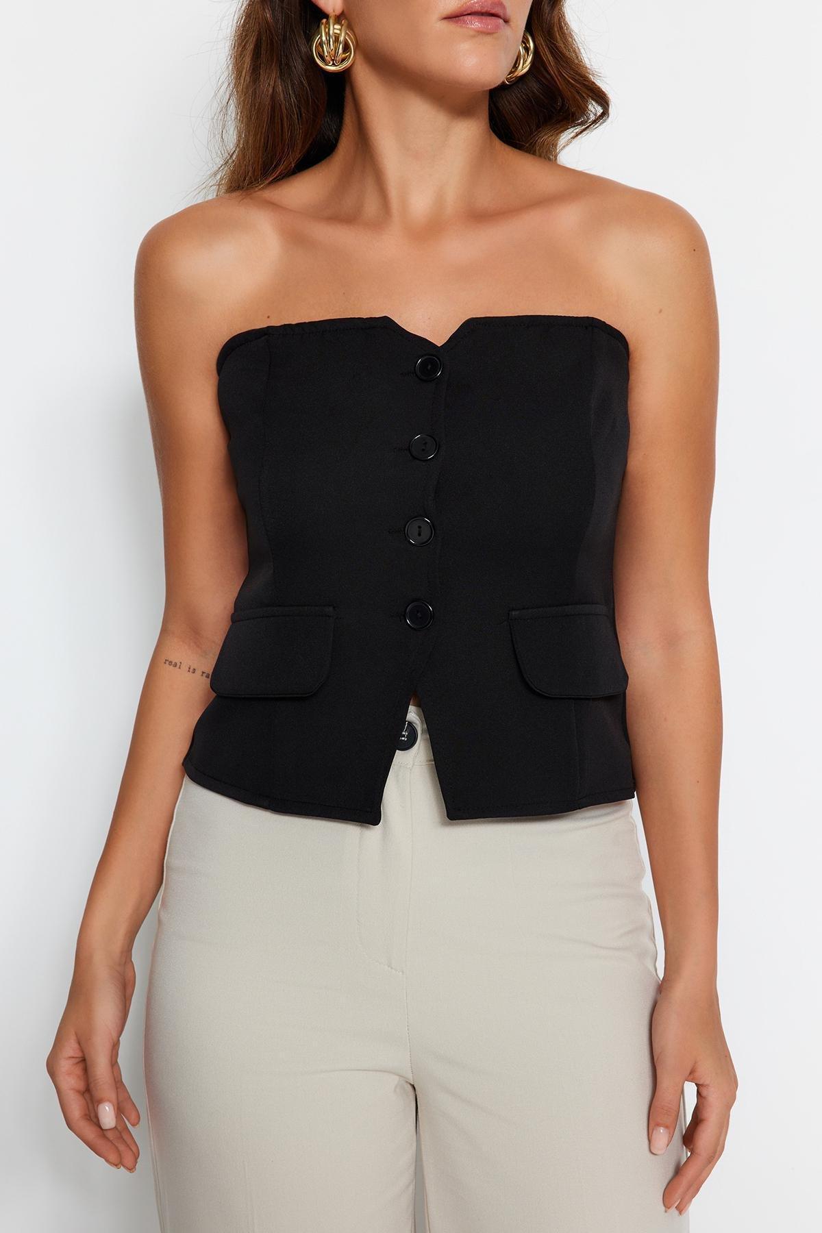 Black Slim Fit Strapless Woven Vest, , large image number 3